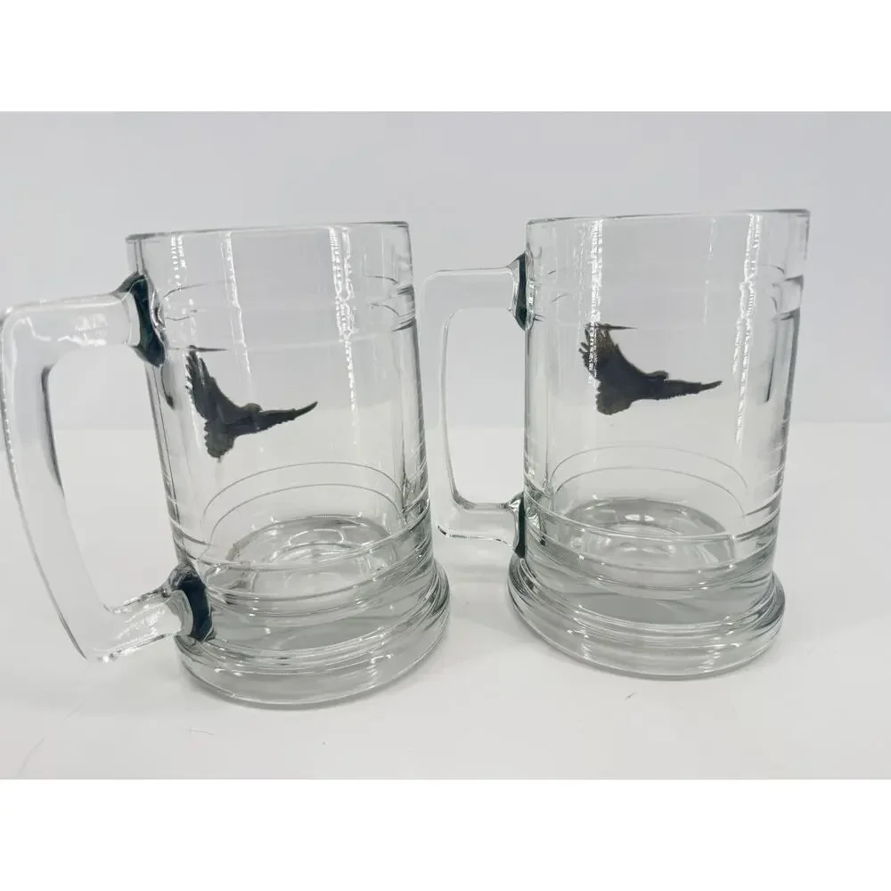 Vintage Glass Beer Steins Brass Eagle Emblems Patriotic Americana Barware Set 2